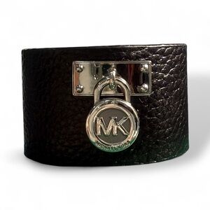 Michael Kors upcycled Black Leather Cuff with Silver Accents unisex adjustable
